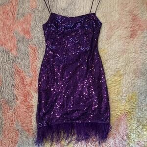 purple sequin feather trim mini dress
